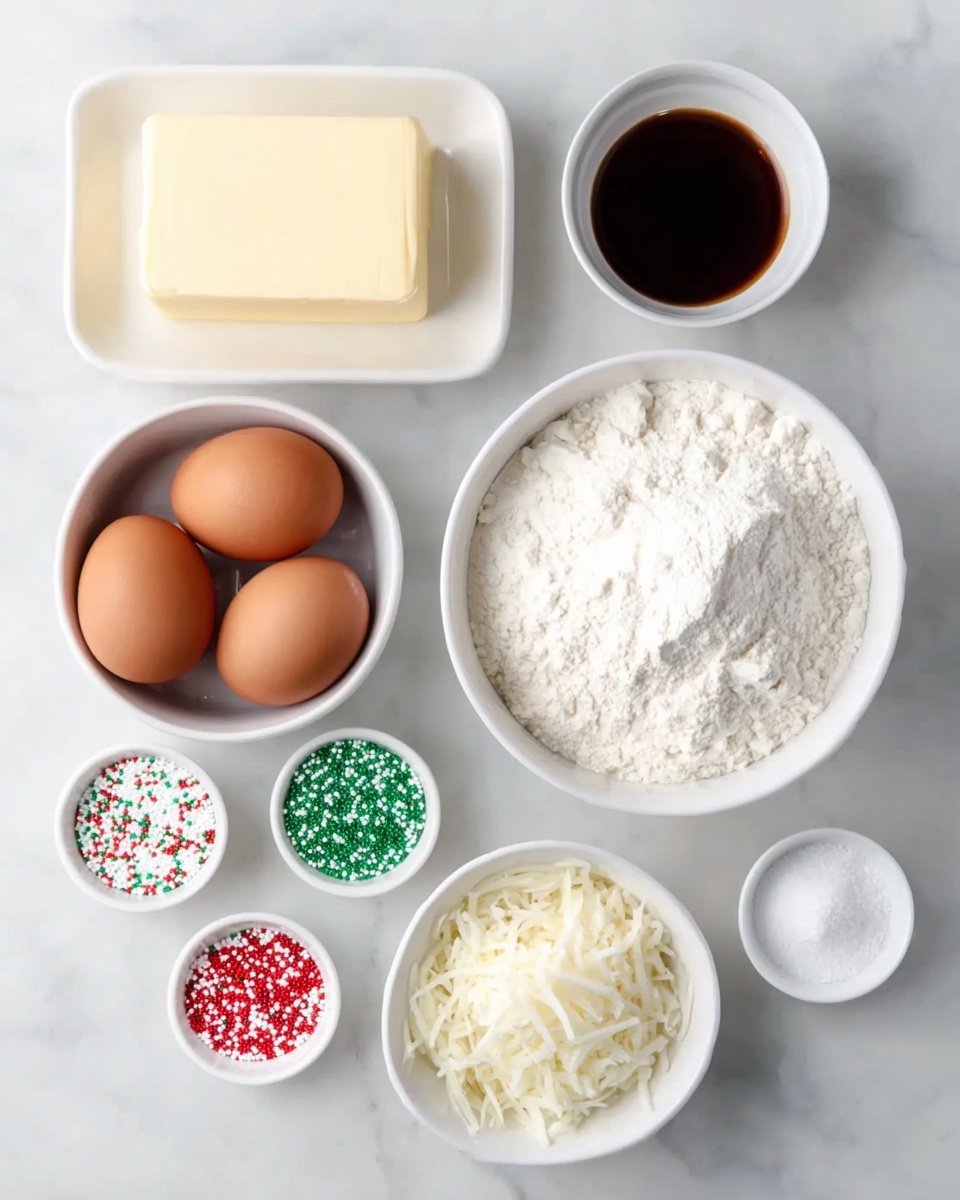 The image shows nine containers of baking ingredients arranged neatly on a white marbled surface. There is a white square dish holding a solid block of pale yellow butter in the top left, and to the right, a small white bowl with dark brown liquid, likely vanilla extract. Below the butter, a white round bowl contains three brown eggs. Next to the eggs, a larger white round bowl is filled with white flour. On the bottom left, a white bowl holds shredded white cheese or coconut. Towards the bottom right, smaller white bowls contain white granulated sugar, white powder (possibly baking powder), red sprinkles mixed with white, and green sprinkles mixed with white, all arranged in a cluster. The arrangement is clean and simple, showing ingredients clearly for baking. Photo taken with an iphone --ar 4:5 --v 7