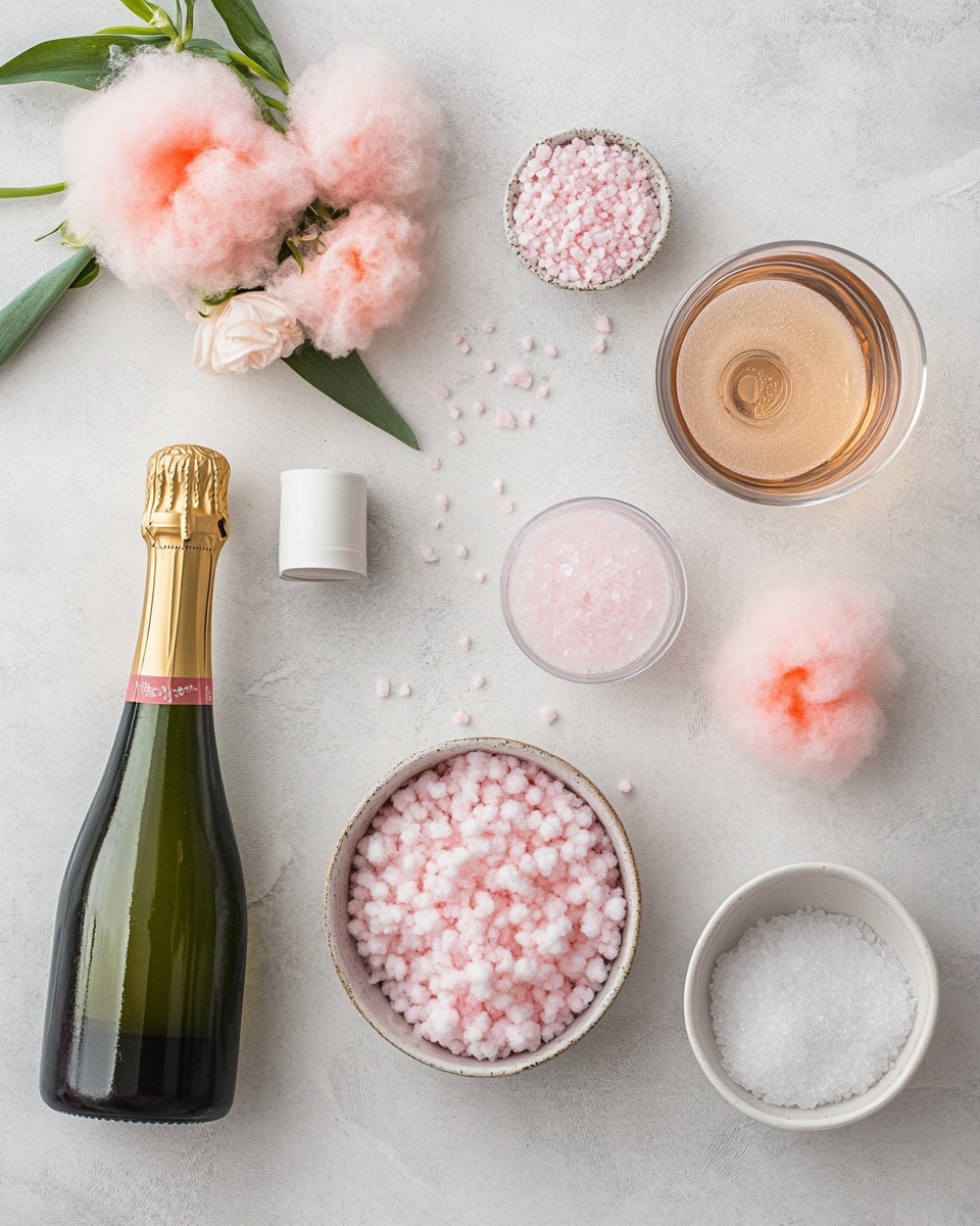 The image shows two clear glass cocktail glasses filled halfway with a bright orange-red drink that has a lightly bubbly texture. Each glass is topped with a fluffy, light pink cotton candy layer that sits loosely over the drink, creating a soft and airy contrast. The glasses have elegant, slender stems and are positioned on a white marbled surface, with a blurred white flower in a clear vase in the background. The overall setting is light and bright, with a clean, fresh feel. photo taken with an iphone --ar 4:5 --v 7
