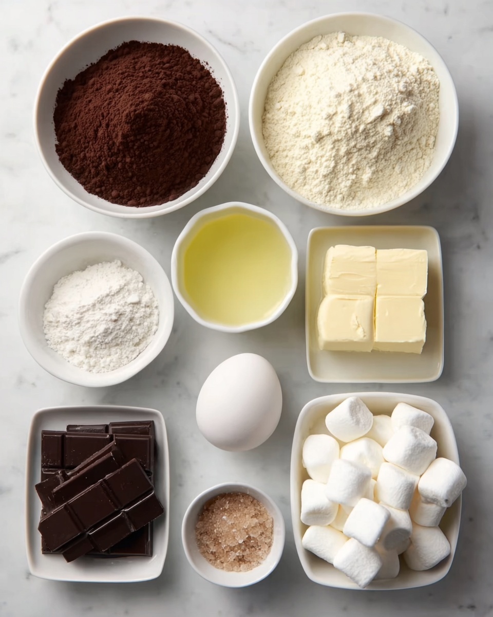 The image shows eight white bowls and a white rectangular dish arranged neatly on a white marbled surface. From the top left, there is a bowl filled with dark brown cocoa powder, next to it is a bowl piled with light beige flour. Below the cocoa powder, there's a bowl with a clear light yellow liquid, while to its right, a bowl holds several dark chocolate squares. Below the liquid bowl, a small bowl has light brown sugar grains, and next to it, a bowl contains a single white egg. To the right of the egg, a rectangular dish contains several chunks of pale yellow butter. At the bottom right corner, a bowl is filled with large, fluffy white marshmallows. All containers have clean, smooth textures, and the simple white and cream colors create a clear and organized visual. Photo taken with an iphone --ar 4:5 --v 7