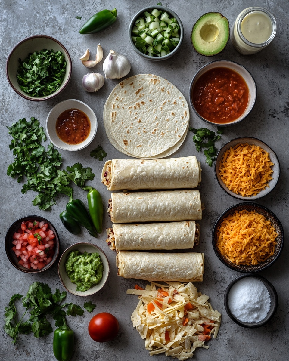 Three lightly toasted, golden-brown rolled tortillas are placed on a white marbled surface, arranged slightly overlapping. They are topped with drizzle of white creamy sauce and sprinkled with small pieces of green cilantro, white onion, red tomato, and bits of green pepper. Around them, a white plate with green sliced jalapeños sits in the upper left, halved lime wedges are placed near the top and right, and two small bowls with colorful chopped red, white, and green salsa and chunky green guacamole are visible near the bottom right. Fresh cilantro leaves lay scattered on the surface near the rolled tortillas. Photo taken with an iphone --ar 4:5 --v 7