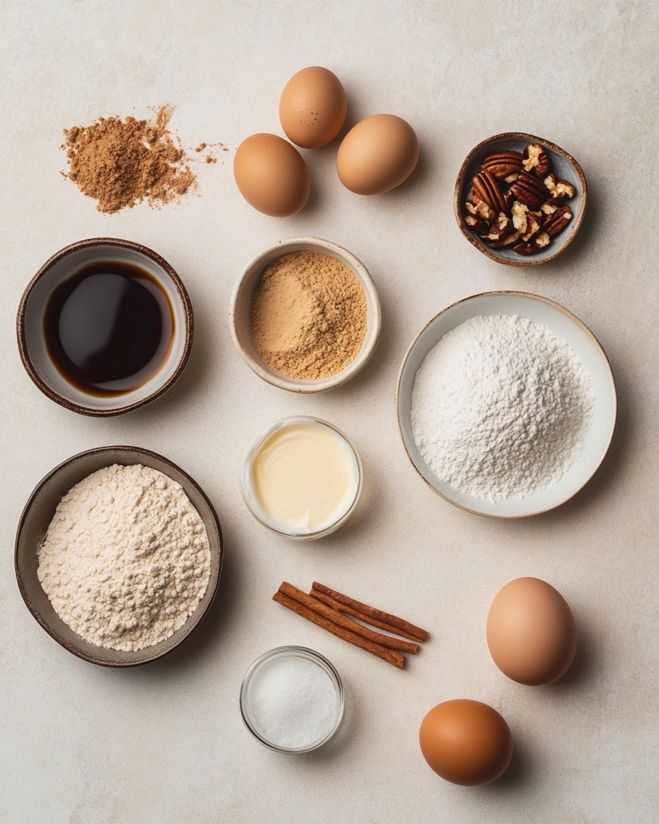 The image shows a round pie in a white fluted dish, with a slice missing. The pie has a light brown top layer with dark brown swirls creating a marbled pattern, and some white nuts sprinkled on top. Below, there is a white plate holding the missing slice and two brown rolled sticks that look like cinnamon rolls. The pie dish and plate are placed on a wooden board with a small bowl of raw sugar and two cinnamon sticks next to a metal pie server with some crumbs on it. The setting is on a white marbled surface with a grey linen cloth underneath. photo taken with an iphone --ar 4:5 --v 7