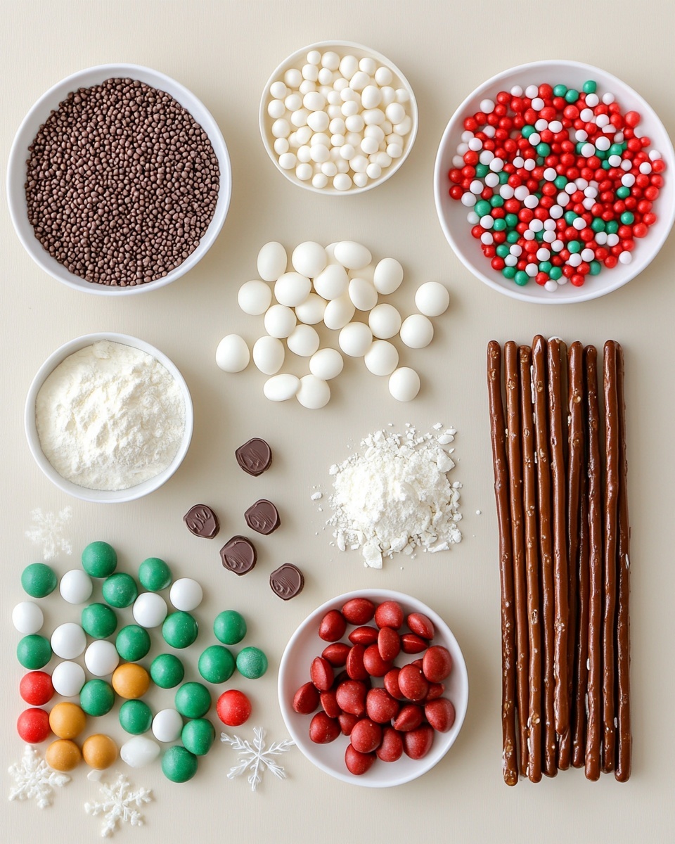 A group of eleven pretzel sticks lie side by side on a white marbled surface. Each pretzel stick is covered halfway up with a layer of chocolate or white candy coating. From left to right, the first pretzel has white coating with green and red sprinkles; the second has dark chocolate with light brown nut bits; the third is dark chocolate with tiny white marshmallows; the fourth dark chocolate with dark swirls; the fifth white coating with crushed peppermint pieces; the sixth dark chocolate with red and green sprinkles; the seventh white coating with small green and red candy balls; the eighth white coating with dark chocolate stripes; the ninth white coating with red and green tiny sprinkles; the tenth dark chocolate with red, white, and green round sprinkles, and the last has white coating with red and green round candy pieces. The pretzels are neatly arranged with their uncoated ends closest to the bottom of the image. photo taken with an iphone --ar 4:5 --v 7