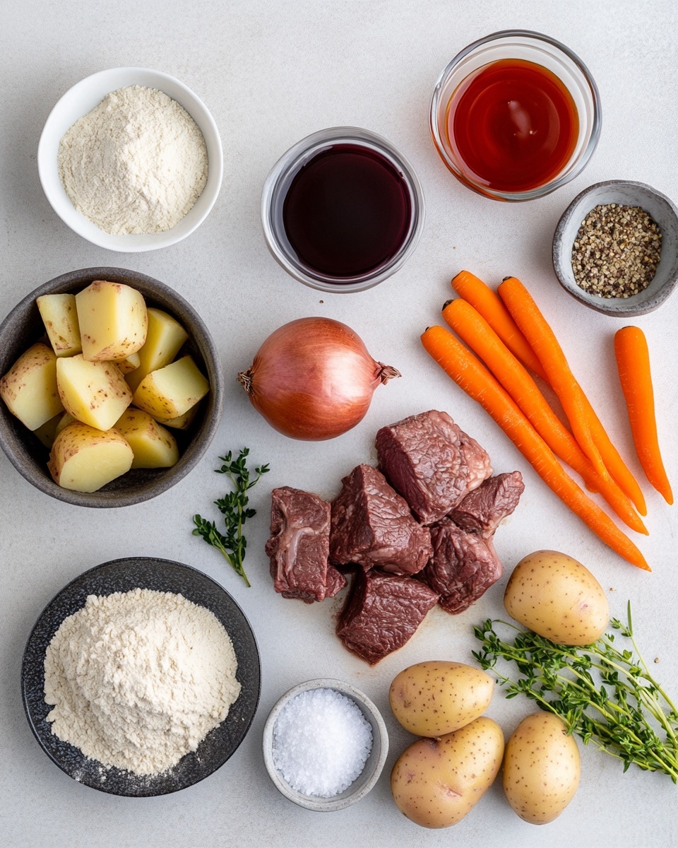 A top view of a large pot filled with a rich stew showing four main layers: dark brown chunks of meat are scattered throughout the stew, surrounded by bright orange carrot cubes and golden yellow potato pieces, all sitting in a thick, glossy reddish-brown sauce. Small green herb leaves are sprinkled on top, adding a fresh touch. The pot has a red handle visible on the side, and it rests on a white marbled surface. Photo taken with an iphone --ar 4:5 --v 7
