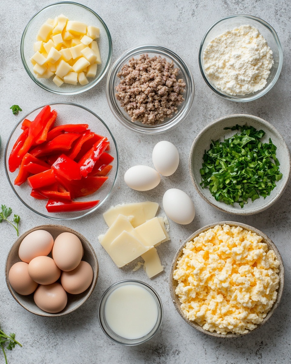 A shiny silver frying pan filled with three layers: the bottom layer is cooked ground meat with small pieces of sautéed onions and orange-red bell peppers, showing a mix of brown, white, and orange colors and a slightly moist, crumbly texture. Above and to the left of the pan, there is a white egg carton holding six brown eggs in two rows. Above the pan and slightly to the right, a white bowl is full of grated yellow cheese. Next to the cheese bowl on the right, there are two small white bowls, one with light yellow granules and the other with black pepper. A wooden spoon lies flat on the left side of the image, all on a white marbled surface. A blue and white striped kitchen towel is partially visible on the bottom right corner. photo taken with an iphone --ar 4:5 --v 7