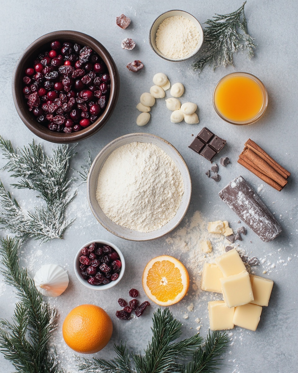 A stack of six round cookies with visible dried cranberries inside is shown. Each cookie is light golden in color with a slightly crispy edge and soft texture. On top of each cookie, there is a drizzle of white icing in straight lines, and between each cookie, white icing is piped in small looped shapes that peek out. The cookies rest on a metal cooling rack, placed on a white marbled surface. Around the cookies, there are dried orange slices in orange and brown colors, some whole white chocolate chips, and scattered dried cranberries in deep red. Photo taken with an iphone --ar 4:5 --v 7