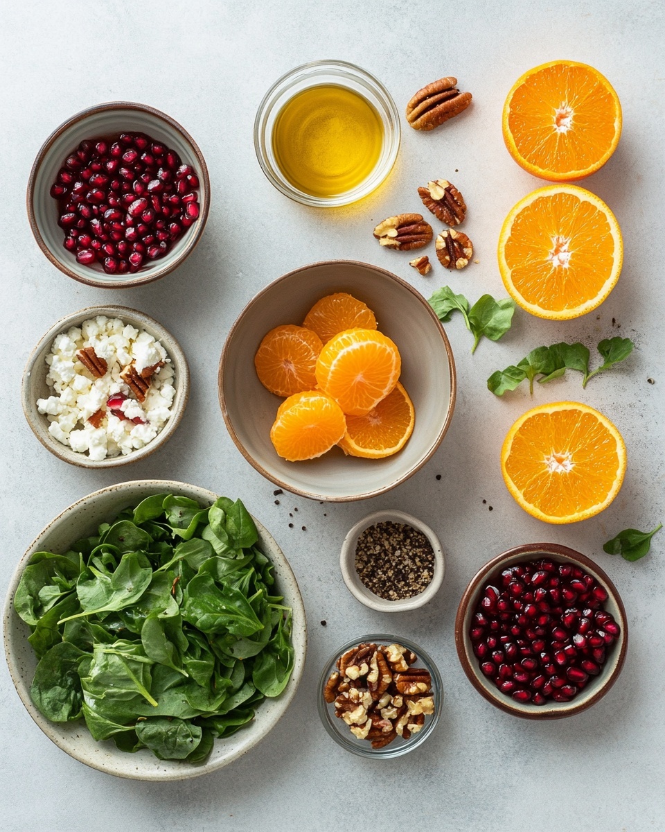 A bowl filled with a four-layer salad: the bottom layer is dark and light green mixed leafy greens, the next layer shows bright orange tangerine slices placed scattered, followed by shiny red pomegranate seeds spread evenly, and the top layer is white crumbled cheese and brown candied nuts sprinkled all over. The bowl is white, sitting on a white marbled surface with a blurred second bowl in the background. The photo was taken with an iphone --ar 4:5 --v 7