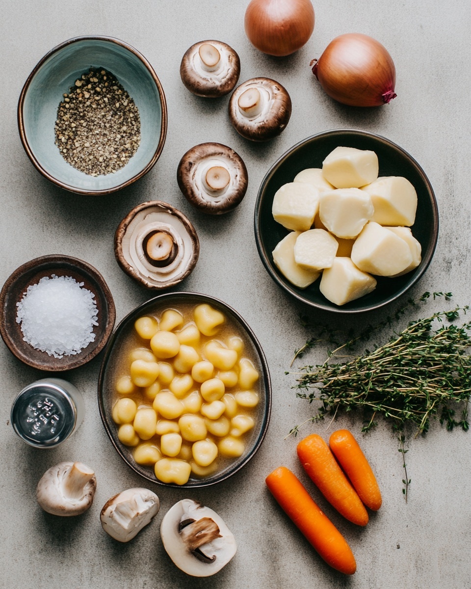 A close-up of a metal spoon holding a thick creamy stew with several layers: the bottom layer shows soft yellowish gnocchi, the middle layer has shredded light beige chicken pieces, and the top layer includes bright green peas, small diced orange carrots, and sliced light brown mushrooms, all mixed in a smooth creamy beige sauce with small green herb bits sprinkled throughout. The background is blurred and shows a white bowl with two forks on a white marbled texture surface, with salt and pepper shakers and a small dish of herbs also faintly visible. photo taken with an iphone --ar 4:5 --v 7
