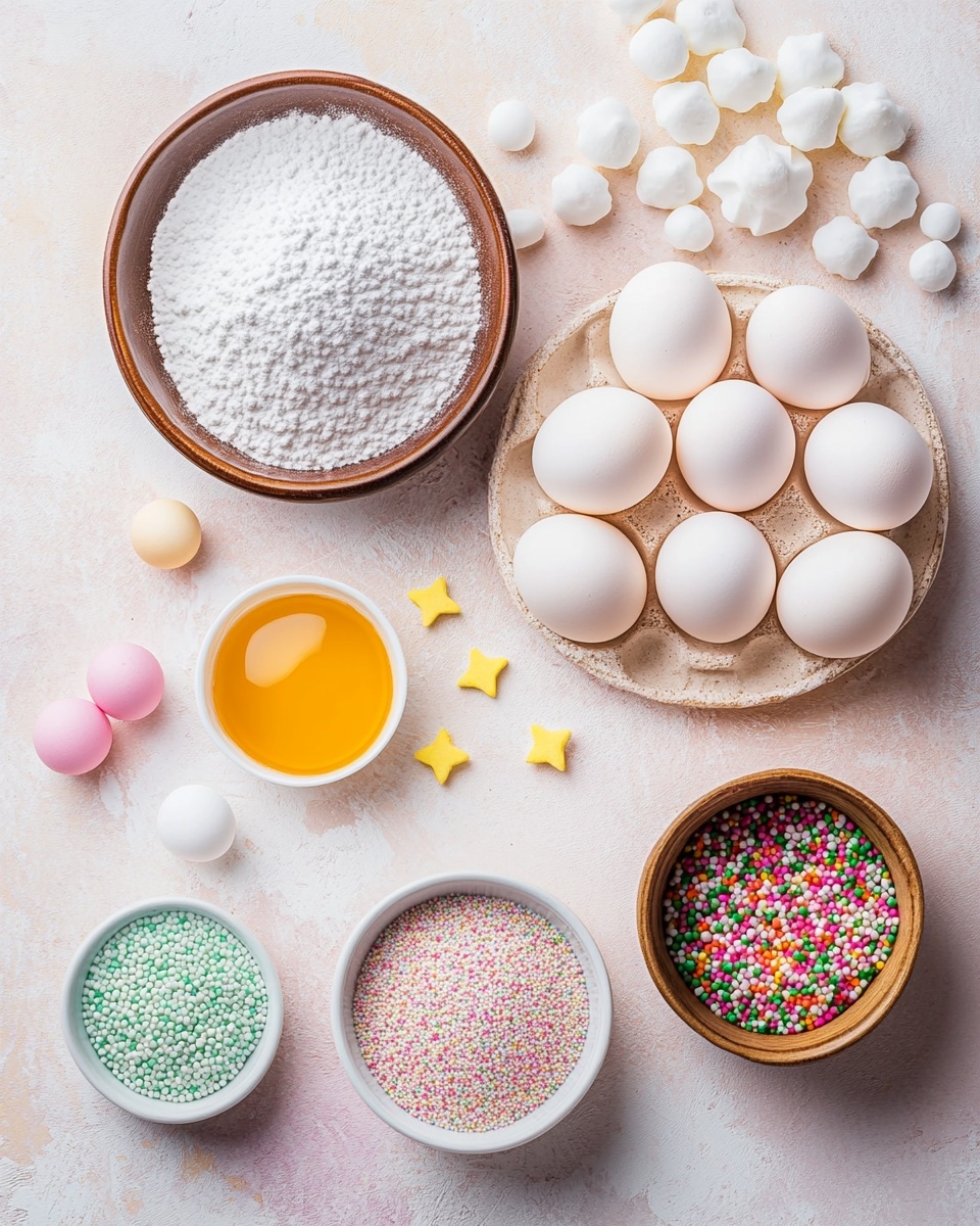 The image shows several small Christmas tree shaped meringue cookies arranged on a white marbled surface. Each cookie is a single cone-shaped layer colored light green with a smooth, swirled texture resembling soft peaks. They are decorated with tiny round sprinkles in red, green, gold, and white colors scattered evenly on the meringue's surface. A small gold star candy tops each tree, adding a festive touch. The focus is on one cookie in front with others softly blurred behind it, showing depth and repetition. photo taken with an iphone --ar 4:5 --v 7