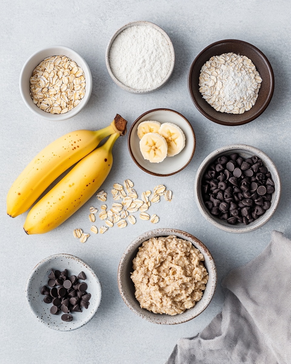 The image shows multiple oatmeal cookies with chocolate chips scattered on a white marbled surface. Each cookie is round, thick, and packed with visible oats and chunks of chocolate, giving them a rough texture. One cookie in the center has a single bite taken out of it, showing the soft, dense interior filled with oats and small pieces of banana. The chocolate chips are dark brown and are spread evenly throughout the cookies, some also sprinkled around the surface. The lighting highlights the natural golden-brown color of the baked cookies. Photo taken with an iphone --ar 4:5 --v 7