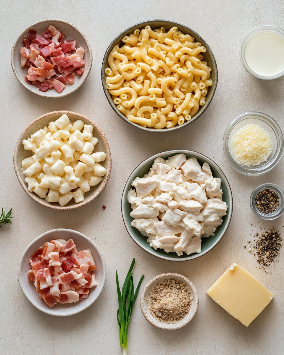 This image shows a creamy baked dish in a white rectangular baking dish with a layer of melted orange cheddar cheese on top. Small pieces of browned bacon and chopped green onions are scattered over the cheese. The dish has a creamy white sauce base visible where a piece has been taken out, revealing multiple soft layers beneath the cheese. The cheese layer looks smooth and slightly shiny, while the bacon pieces add crisp texture and the green onions bring fresh color. The dish sits on a white marbled surface. Photo taken with an iphone --ar 4:5 --v 7
