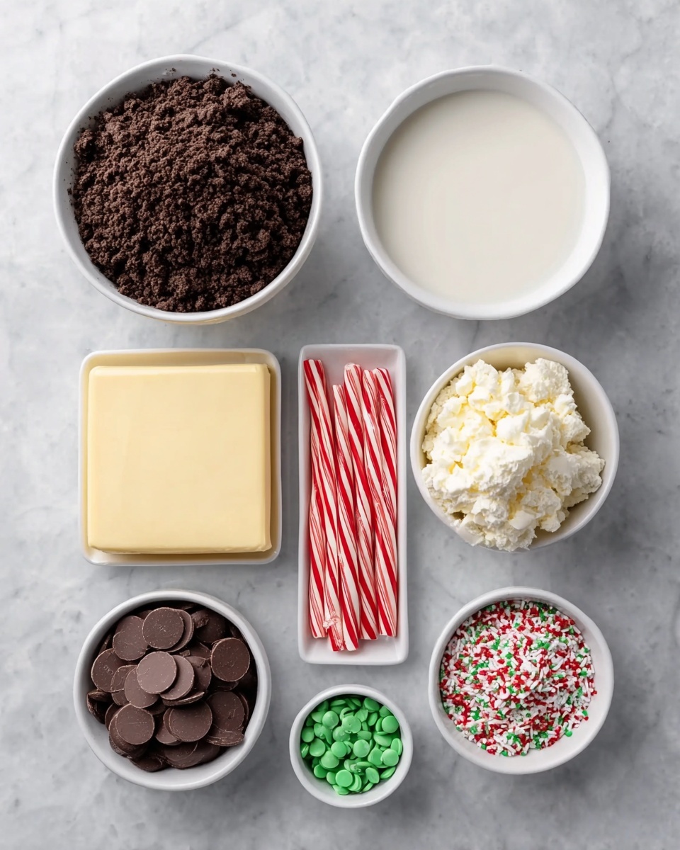 The image shows seven white round bowls and plates arranged neatly on a white marbled surface. Starting from the top left, there is a large white plate filled with dark brown, crumbly chocolate cookie pieces. To its right, a small white bowl holds white cream or milk. Below the large plate, there is a rectangular block of pale yellow butter. Next to it, a medium white bowl is filled with textured white cream cheese or a similar soft cheese. Below the large plate and to the left is a smaller white bowl containing many small, round, dark chocolate cups. To the right of the butter and cheese, there is a neat pile of red and white striped candy sticks standing upright. Lastly, two small white bowls are placed next to the candy sticks, one filled with small, light green crumbles and the other with multicolored round sprinkles in white, red, and green. Photo taken with an iphone --ar 4:5 --v 7