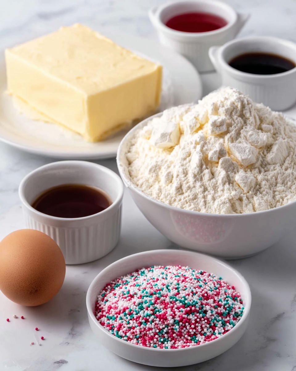 The image shows five food items placed on a white marbled surface. There is a small white bowl filled with colorful sprinkles in the front, mostly red, green, white, blue, and pink. Behind it, slightly to the right, there is a white bowl filled with white flour, piled high with a rough, powdery texture. To the left of the flour, there is one brown egg resting on the surface. Behind the egg, there is a white plate holding a large block of cream-colored butter, smooth with some soft edges. In the back, there are two small white bowls, one containing red liquid and the other dark brown liquid, both glossy and smooth. photo taken with an iphone --ar 4:5 --v 7