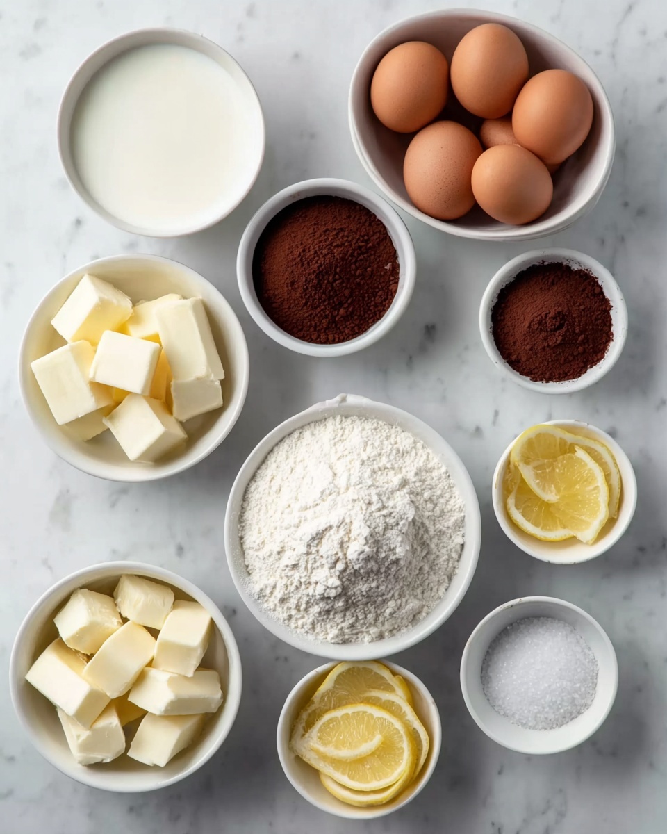 The image shows nine white bowls arranged neatly on a white marbled surface. The largest bowl at the bottom right holds a mound of white flour with a rough texture. Above it, a white scalloped bowl contains a heap of dark brown cocoa powder with a fine texture. To the left of the cocoa powder is a medium white bowl filled with small white cubes of butter. Below that bowl, another medium white bowl holds larger chunks of butter in pale yellow color. Above the flour bowl on the top right is a white bowl containing seven brown eggs, smooth and oval-shaped. To the left of the eggs is a white bowl of clear white sugar granules. Below the sugar is a small white bowl filled with thin lemon slices showing bright yellow color and juice. Above the lemon slices, a medium white bowl is filled with milk, smooth and creamy in texture. The bowls are evenly spaced, and the entire setup is clean and bright. photo taken with an iphone --ar 4:5 --v 7
