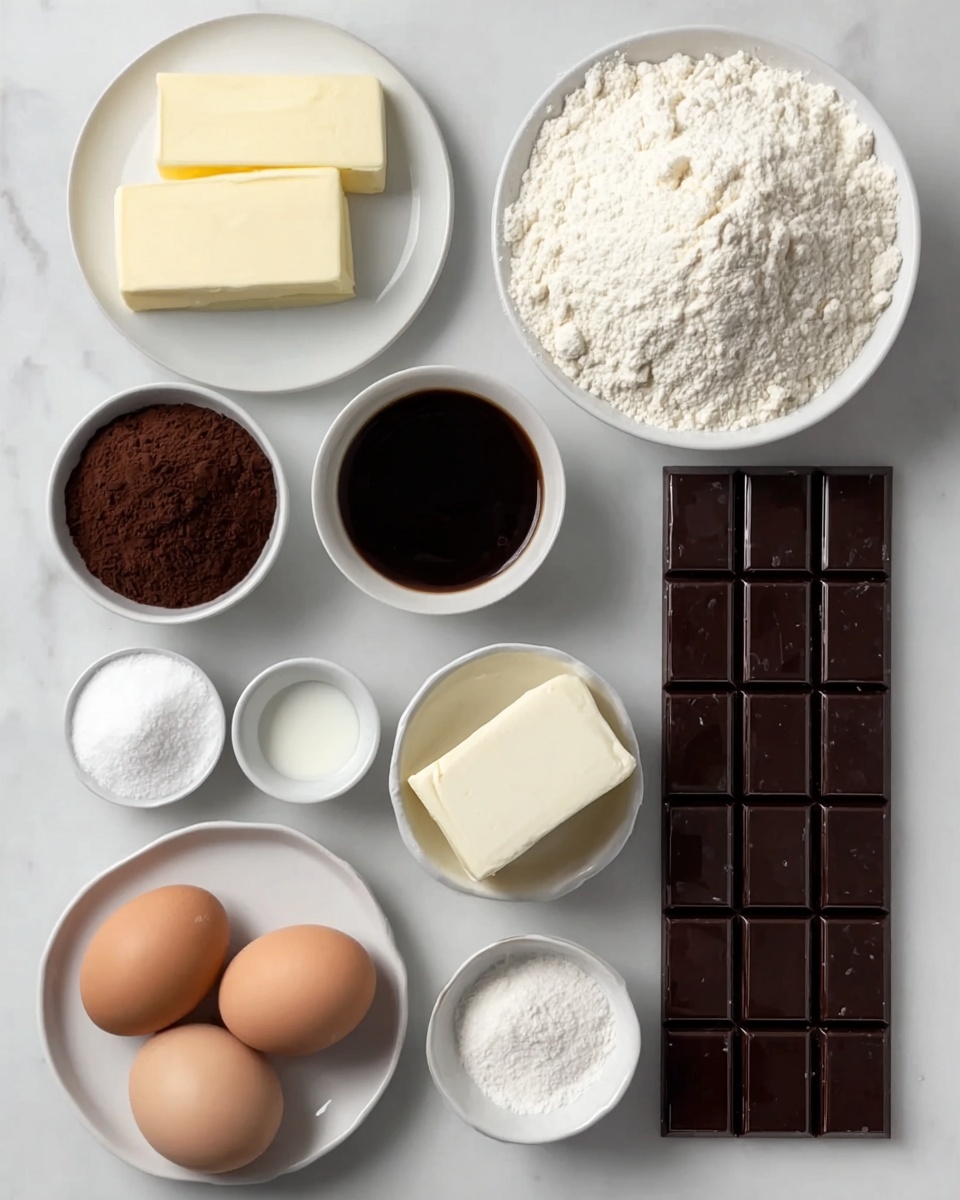 The image shows nine white bowls and plates arranged on a white marbled surface, each holding a different baking ingredient. From top left to bottom right, the first bowl has two sticks of pale yellow butter, the large plate next to it contains a mound of white flour with a slightly rough texture, and below is a small bowl filled with dark brown cocoa powder with a fine texture. Two brown eggs rest to the left of the cocoa powder, while a small bowl of fine white salt sits above a bowl of dark liquid, likely coffee or extract. Below the eggs is a white plate with a square of white chocolate, segmented into small blocks with smooth and shiny surfaces. Near the center, there is a bowl of white granulated sugar, and finally, a bar of dark chocolate with even segments and a slight shine sits at the bottom right. photo taken with an iphone --ar 4:5 --v 7