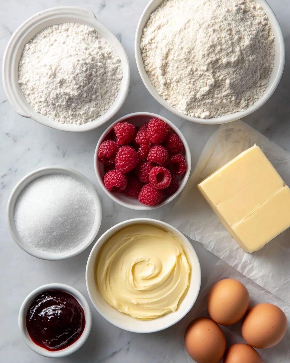 The image shows a flat lay of baking ingredients arranged neatly on a white marbled surface. There are seven white bowls, each containing different items: one with white sugar piled smoothly, one with fine white flour, one with creamy white frosting or cream cheese, one with red raspberry jam, one with fresh red raspberries, and two bowls with small squares of butter. Four brown eggs are placed on the right side of the setup, and a larger chunk of pale yellow butter rests on parchment paper in the bottom right corner. The colors are simple with mostly white, red, yellow, and brown tones, and the textures range from smooth creaminess to granulated sugar and soft berries. Photo taken with an iphone --ar 4:5 --v 7
