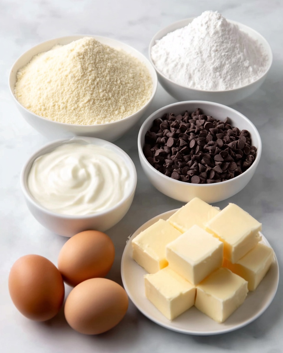 The image shows six ingredients on a white marbled surface arranged neatly, including a white bowl filled with a mound of fine white powder, likely flour, positioned at the top left. To the right, there is a white plate with six smooth cubes of pale yellow butter stacked softly together. Below them, another white bowl contains a heap of fine pale yellow powder. Beside it, a small white bowl is filled with dark brown chocolate chips, each chip shiny and rounded. In front of these bowls, two brown eggs lay side by side with smooth shells. Finally, a white bowl at the bottom holds thick, creamy white yogurt with soft swirls on the surface. Photo taken with an iphone --ar 4:5 --v 7