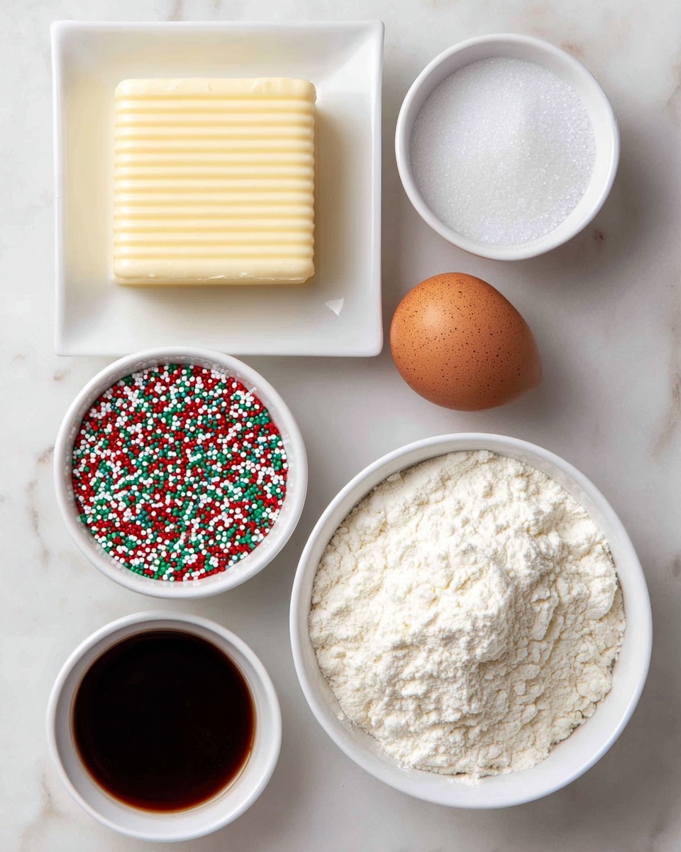 The image shows six white dishes arranged on a white marbled surface, each holding a different baking ingredient. At the top left, a square white plate holds a solid block of pale yellow butter with a lined texture on top. Next to it on the right is a single brown egg with small darker spots. Below the egg is a small white bowl filled with fine white granulated sugar. On the bottom right, a larger white bowl is filled with white flour that appears soft and fluffy with some small lumps. To the left of the flour bowl is a small white bowl with dark brown vanilla extract that has a smooth and shiny surface. The last small white bowl at the bottom left contains colorful round sprinkles in red, white, green, and pink. All items are neatly placed with clear focus, and the photo was taken with an iphone --ar 4:5 --v 7