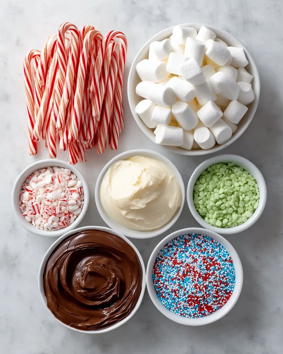 The image shows a white marbled surface with six white bowls and a group of candy canes placed on it. Starting from the top right, there is a large white bowl filled with white, fluffy marshmallows. To its left, several red and white striped candy canes are neatly arranged. Below the marshmallows, there's a bowl with creamy off-white frosting or icing. Next to it on the right, a small bowl holds tiny pale green candy pieces, while beside that is another bowl containing crushed red and white peppermint candies. Below these, at the bottom left corner, there is a white bowl filled with smooth, rich, dark brown chocolate spread. At the bottom right corner, a small bowl is filled with colorful round sprinkles in blue, white, red, and yellow. The arrangement is neat and colorful, all set on a clean white marbled surface photo taken with an iphone --ar 4:5 --v 7