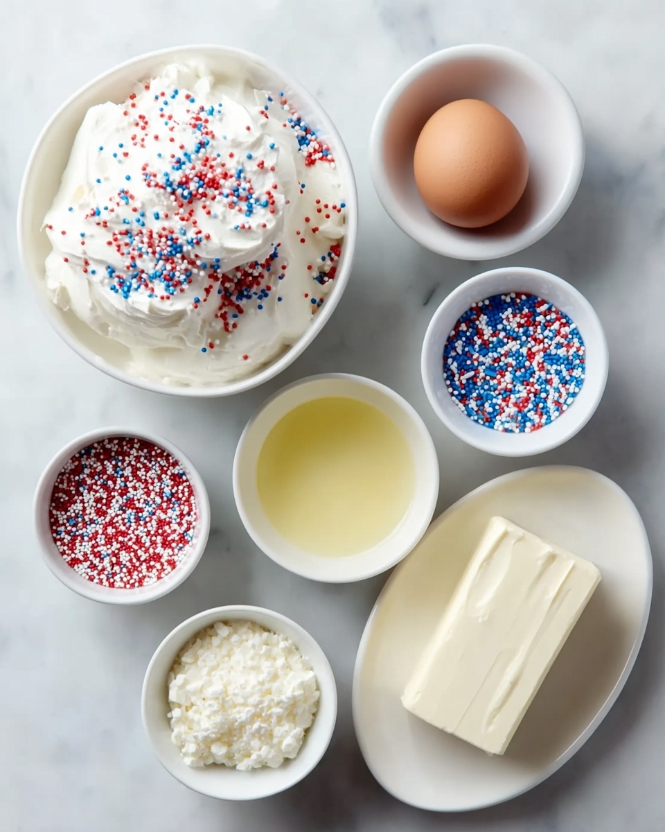 The image shows several white bowls and a white plate arranged on a white marbled surface. The largest bowl, at the top left, is filled with white whipped cream covered in red, white, and blue round sprinkles. Next to it, on the right, is a smaller bowl with a light yellow liquid. Below these, near the center, a white plate holds a block of cream cheese and a brown egg side by side. To the left of the plate is a bowl filled with white powder, likely flour or powdered sugar. Underneath, another bowl contains a thick, crumbly white substance. At the bottom right, there are two small bowls side by side; one with a fine white powder and the other with more of the red, white, and blue sprinkles. The whole setup is neat and the ingredients stand out clearly. photo taken with an iphone --ar 4:5 --v 7