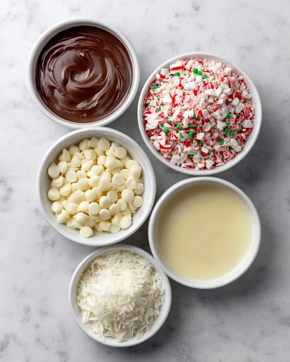 Five white bowls sit on a white marbled surface. The top left bowl holds smooth, dark brown chocolate with a swirl texture. To its right, a bowl is filled with crushed red and white candy canes mixed with green and white sprinkles, their rough and colorful texture visible. Below the chocolate bowl, another bowl contains small, pale yellow white chocolate chips with a rounded shape and glossy finish. Next to it, a bowl has creamy off-white white chocolate, smooth with a soft shine. The smallest bowl at the bottom right is full of grated coconut, showing a fluffy and coarse texture. Photo taken with an iphone --ar 4:5 --v 7