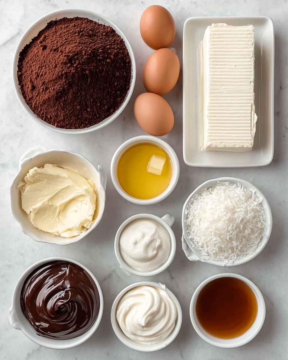 The image shows eight white bowls and dishes placed on a white marbled surface, each holding different baking ingredients. One large round bowl is filled with dark brown cocoa powder, another rectangular dish contains six brown eggs arranged in two rows of three. A rectangular dish holds a block of white cream cheese with slight ridges on top. A smaller bowl has a golden yellow melted butter with a solid pat floating inside. There are three small round bowls; one filled with smooth dark chocolate, another with light brown caramel sauce, and the last with white shredded coconut. A medium round bowl contains thick, white whipped cream with swirls on top. photo taken with an iphone --ar 4:5 --v 7
