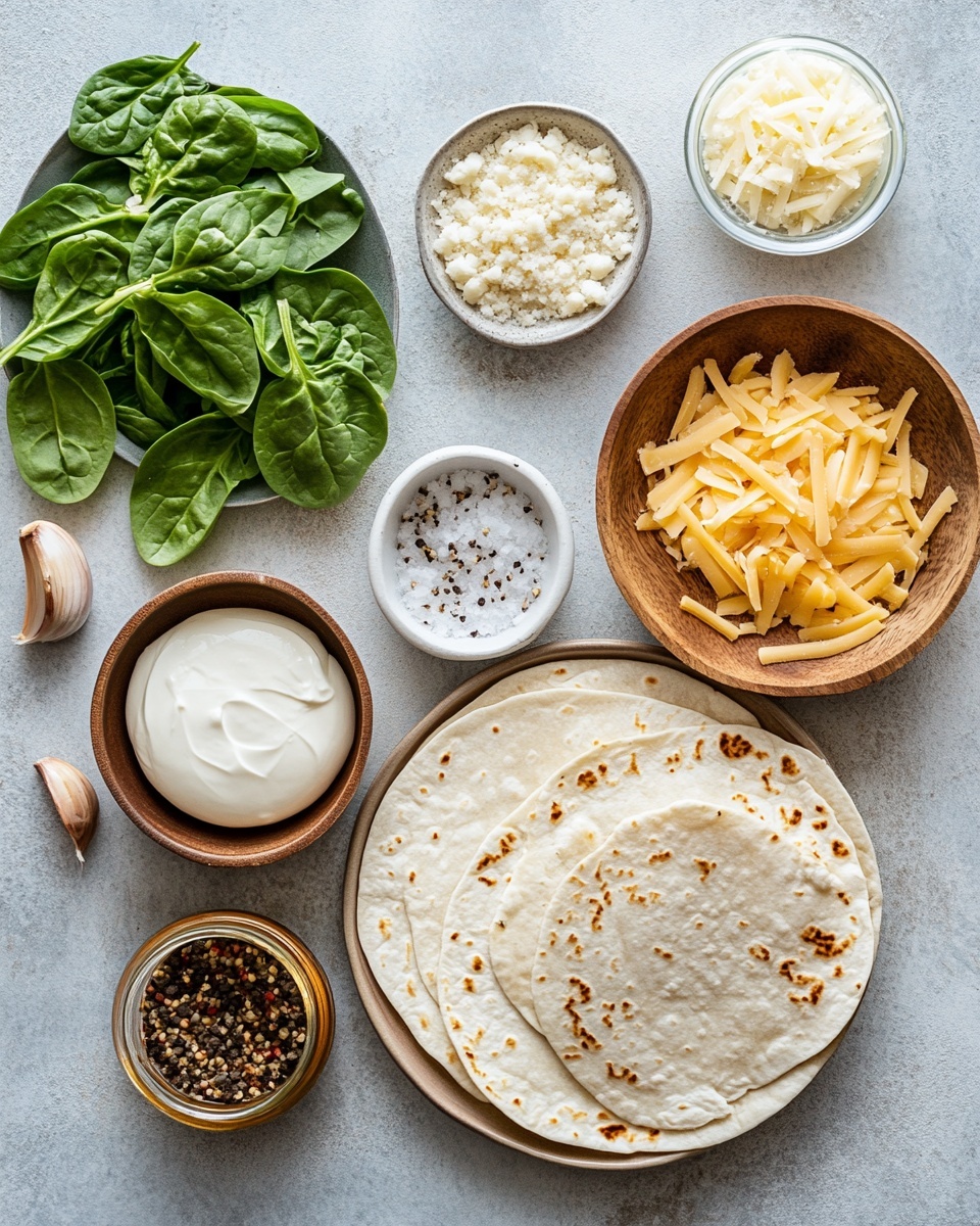 The image shows four grilled wraps stacked closely on a wooden board. Each wrap has three visible layers inside: golden-brown grilled chicken pieces on top, a white creamy sauce with green herbs in the middle, and fresh green leafy vegetables at the bottom mixed with small red chunks, likely tomatoes or peppers. The wrap itself is light beige with distinct darker brown grill marks scattered across the surface. The focus is sharp on the front wraps, while the background softly blurs, revealing a small white bowl with a white sauce placed on a white marbled surface. Photo taken with an iphone --ar 4:5 --v 7