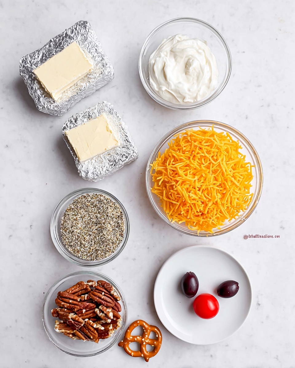 A round cheese ball covered in chopped nuts sits in the center of a white plate, giving it a coarse texture with shades of light brown and reddish bits from the nuts. Two salted pretzels are positioned at the top, resembling antlers. Two black olives are placed near the middle front, acting as eyes, and a bright red cherry tomato at the bottom center looks like a nose. Surrounding the cheese ball is a neat ring of round crackers with a golden color and speckles. The plate sits on a white marbled surface, with some blurred snack items and greenery in the background. Photo taken with an iphone --ar 4:5 --v 7