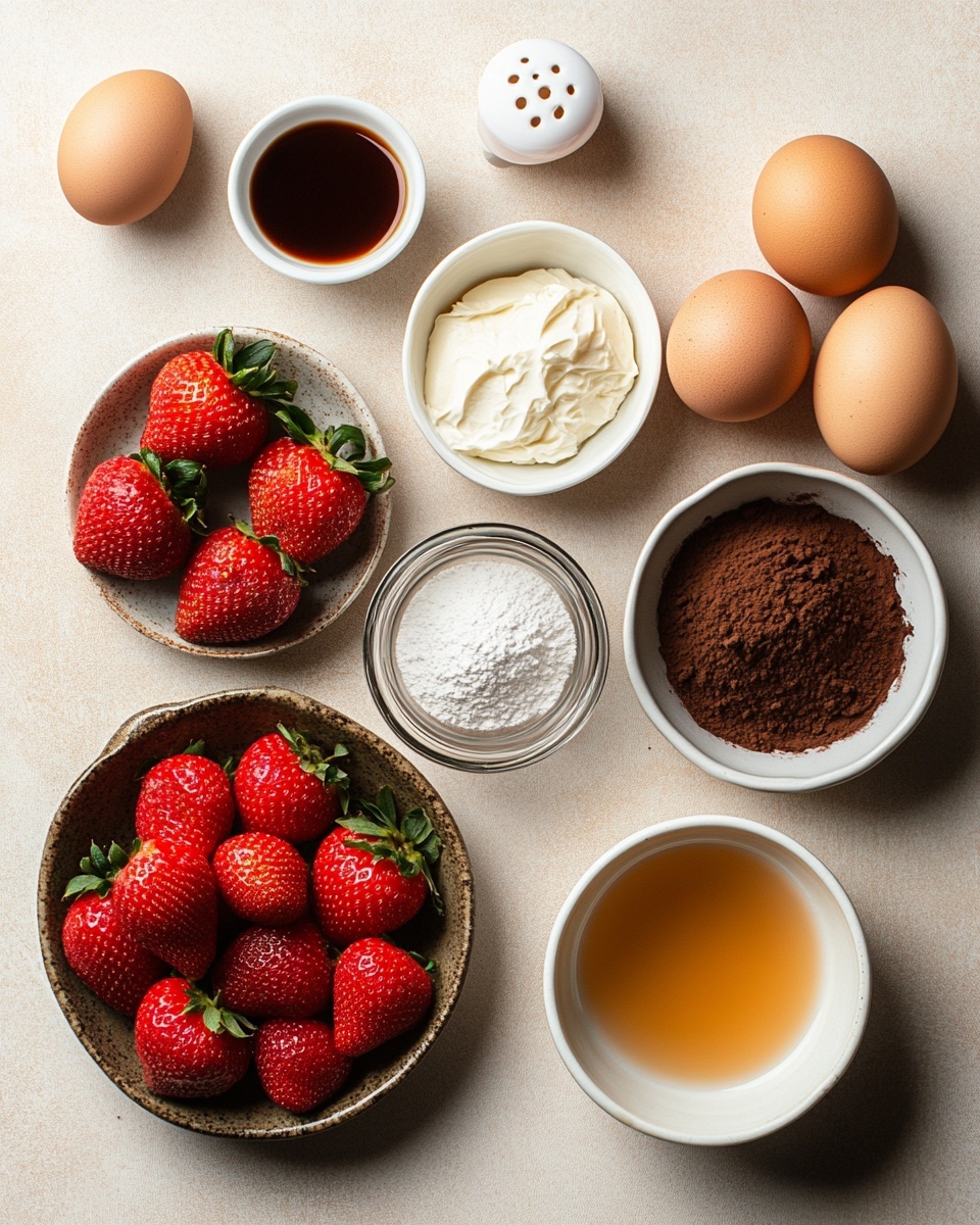 The image shows small round chocolate cakes each with three layers: a dark brown base cake layer, a thick white creamy layer in the middle that has delicate drips down the sides, and a shiny, bright red strawberry on top shaped to look like a small Santa hat with a tiny white cream ball on the tip and a white cream ring at the base of the strawberry. These cakes sit on a white marbled surface with small red and white sprinkles scattered around, creating a festive look. The lighting highlights the moist texture of the chocolate and the glossy finish of the strawberries. photo taken with an iphone --ar 4:5 --v 7