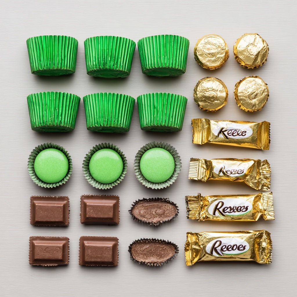 The image shows small Christmas tree-shaped chocolates wrapped in shiny green foil forming the tree sections with gold foil making up the tree trunks. Each tree has three stacked green cones, getting smaller towards the top, and a red bow with a small white pearl at the center is attached to each top cone. The chocolates are arranged randomly on a white marbled surface with soft light highlighting the shiny foils and the bright red bows. photo taken with an iphone --ar 4:5 --v 7