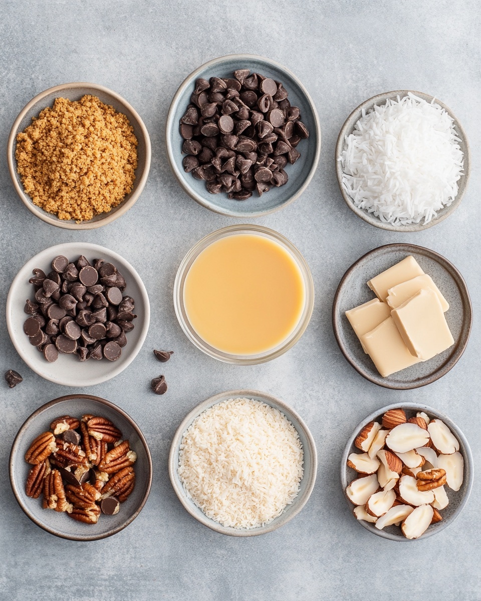 A stack of three square dessert bars sits on a wooden board with a white marbled texture surface around. Each bar has three layers: a bottom golden-brown crumbly crust, a middle layer packed with large chunks of dark chocolate and peanut butter chips mixed with visible pecan pieces, and a top layer that looks creamy white with shredded coconut and more pecan pieces scattered on top. The bars have a rich and slightly rough texture with the mix of nuts and chocolate giving a chunky and dense look. In the background, there are blurred white bowls and glasses, with one bowl filled with dark chocolate chips. photo taken with an iphone --ar 4:5 --v 7