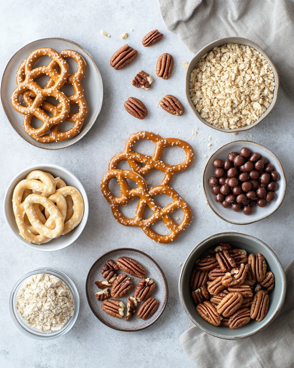 The image shows small layered snacks placed on a wooden surface with a white marbled background. Each snack has a base layer of a square, orange-brown pretzel that is shiny and slightly textured with holes. On top of the pretzel is a dollop of smooth milk chocolate, shaped like a small mound with a soft texture. The top layer consists of two large pecan halves, glossy with a reddish-brown color, placed side by side on the chocolate. In the background, a blurred white plate on a red round charger is visible with more of these snacks, and a few golden foil chocolates are scattered around. The focus is on the closest snack with light highlighting the shiny elements, photo taken with an iphone --ar 4:5 --v 7