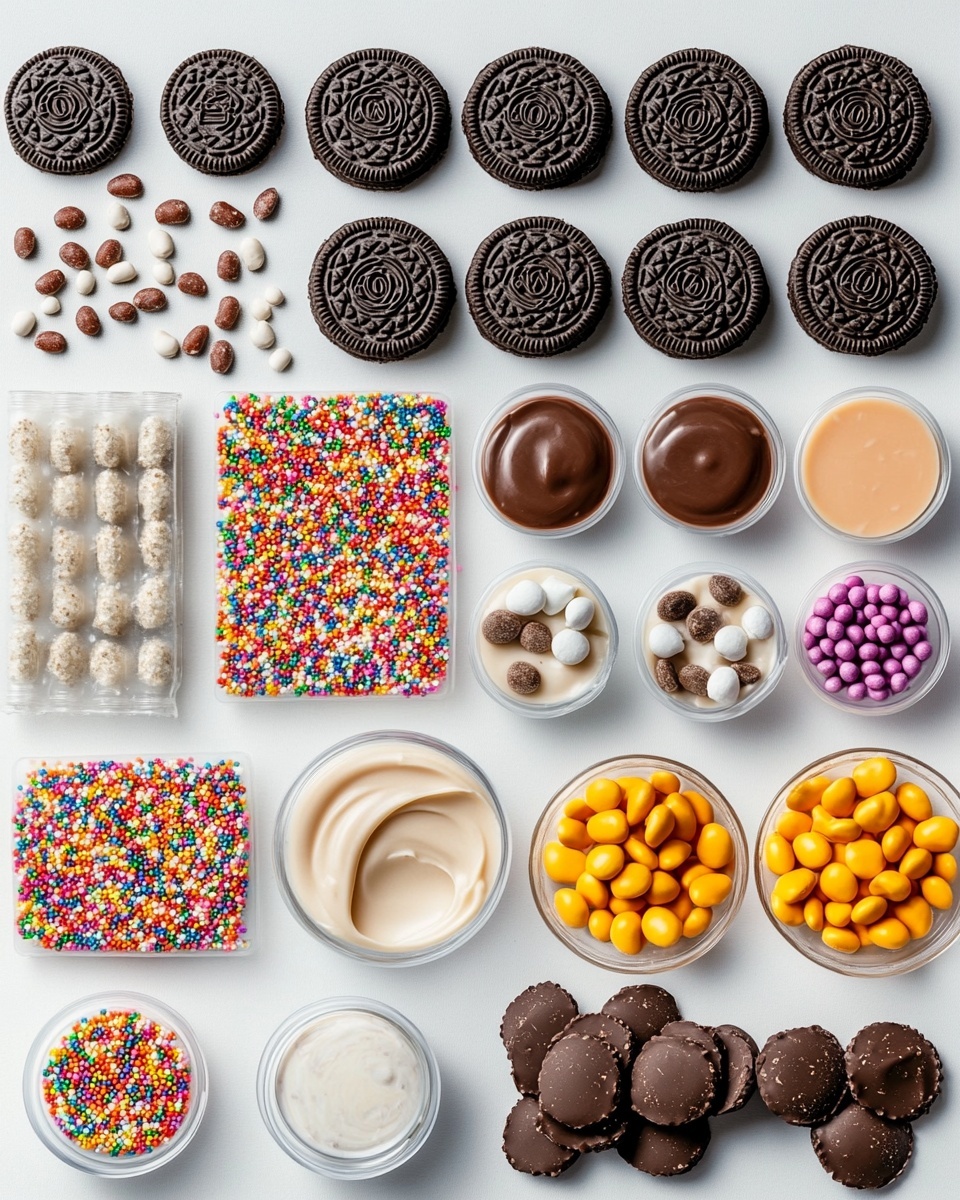 The image shows round cookies decorated to look like Christmas ornaments. There are two main cookie types: one with a smooth white coating topped with red, green, and white small round sprinkles, and the other with a smooth red coating topped with the same sprinkles. Both types have a small chocolate candy piece attached on one side to imitate the ornament's cap. The cookies are placed on crinkled white paper over a white marbled surface, with a small clear bowl filled with the same circular sprinkles nearby. In the upper left corner, snowy pine branches wrapped in burlap and small warm fairy lights add a cozy holiday feel. photo taken with an iphone --ar 4:5 --v 7