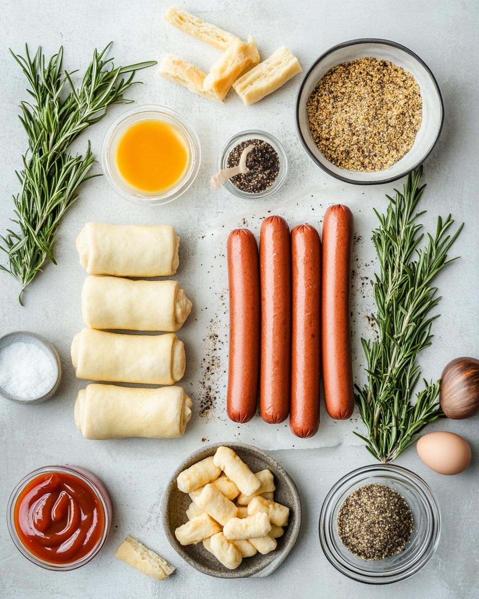 A round wooden board is placed on a white marbled surface with a red, white, and green striped cloth in the background. On the board, there is a ring of small sausage pieces wrapped in a light golden brown dough sprinkled with white and black seeds. The sausages peek out from both ends of the dough wraps. Fresh green rosemary sprigs are scattered between the sausages, adding contrast and texture. In the center of the ring, a small white bowl holds a smooth light brown dipping sauce. A separate small white bowl with a red sauce is in the background. Photo taken with an iphone --ar 4:5 --v 7