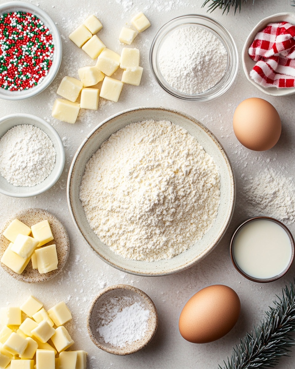 A stack of five round cookies with red, green, and white sprinkles is placed on a white plate with a white marbled surface underneath. The cookies are light beige, and the top cookie has a thick white glaze dripping down the sides into soft streams. One cookie leans against the stack on the right side, also covered in the drizzle of white glaze with visible sprinkles inside. Sprinkles are scattered around the plate, adding more color. The photo is soft and bright, showing a cozy and festive feel. photo taken with an iphone --ar 4:5 --v 7