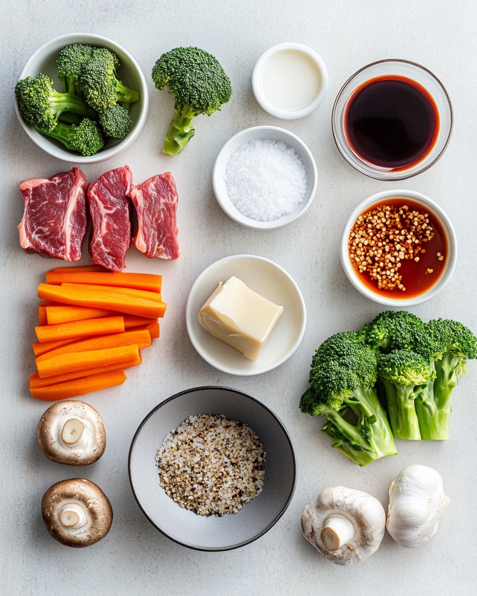 A close-up view of a stainless steel pot filled with a colorful stir-fry dish. The base layer consists of light brown cooked noodles tangled throughout. Mixed in are several pieces of medium-brown cooked beef strips with a shiny glaze. Bright green snap peas, dark green broccoli florets, thin orange carrot sticks, red bell pepper chunks, translucent white onion pieces, and sliced brown mushrooms are spread evenly around. The background features a white marbled surface, enhancing the vibrant colors of the dish. The photo taken with an iphone --ar 4:5 --v 7