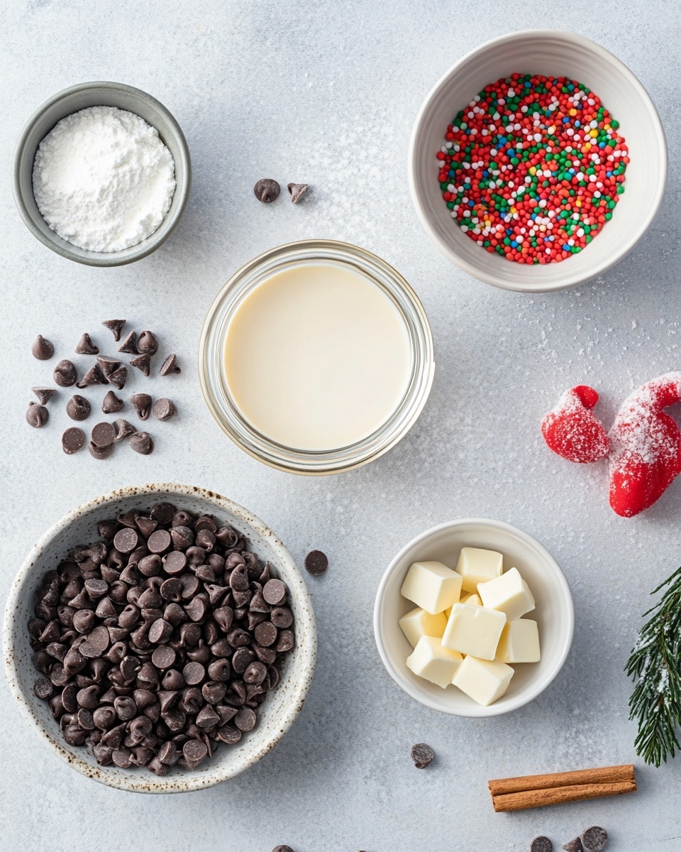 The image shows several thick square pieces of rich, dark brown chocolate fudge stacked on a white marbled surface. Each piece has a smooth yet slightly textured surface and is decorated on top with small festive sprinkles in red, green, white, and snowflake shapes. The front piece has a bite taken out of the corner, revealing a dense, moist inside. Some sprinkles are scattered around the fudge on the white marbled surface. Photo taken with an iphone --ar 4:5 --v 7