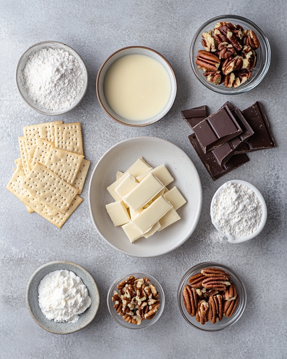 The image shows a pile of broken squares with two layers: a golden brown base that looks crunchy and a thick, smooth white layer on top, sprinkled with small, chopped brown nuts. The pieces are stacked in a white container lined with light brown parchment paper. The background has a soft focus with green and warm light spots. The scene rests on a white marbled texture surface. Photo taken with an iphone --ar 4:5 --v 7
