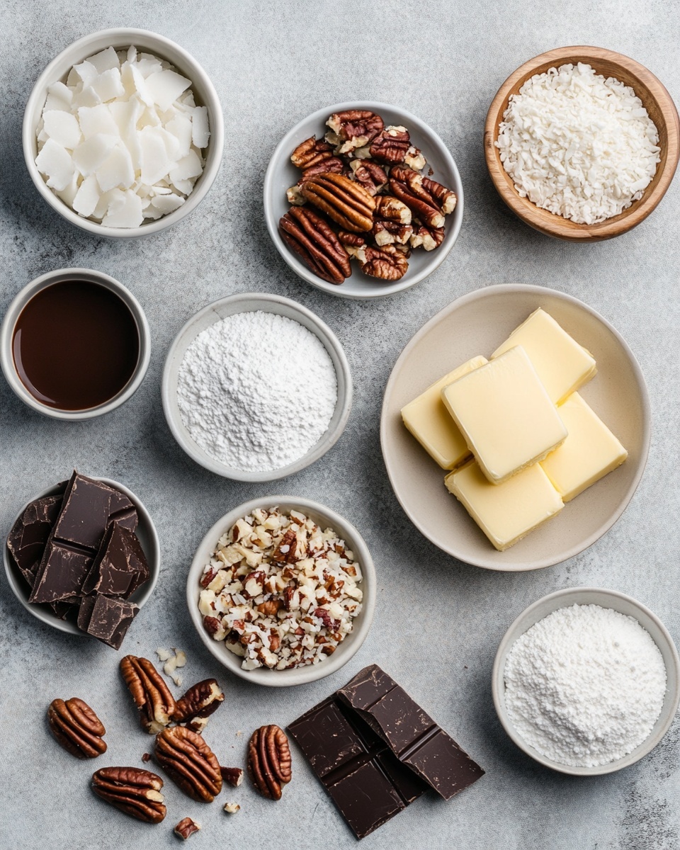 A group of round chocolate balls in a single layer spread out on a white marbled surface, each covered in smooth dark chocolate with thin white chocolate drizzles over the top. Small pieces of crushed nuts and white coconut flakes are sprinkled on some of the balls and scattered around them, adding texture and color contrast. The overall look is neat with irregular white lines crossing over the dark chocolate, making the treats look rich and inviting. photo taken with an iphone --ar 4:5 --v 7