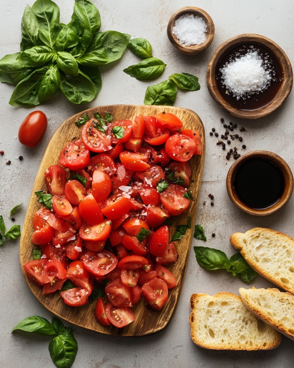 A clear glass bowl on a white marbled surface holds seven bright red tomatoes with smooth skin. Next to the bowl is a bunch of fresh green basil leaves. Surrounding them are small bowls and loose items: a small clear bowl with golden olive oil, another small clear bowl with thick dark balsamic vinegar, a light yellow bowl with ground black pepper, several peeled garlic cloves, and a small round wooden bowl with white salt. All elements are arranged neatly and naturally. Photo taken with an iphone --ar 4:5 --v 7