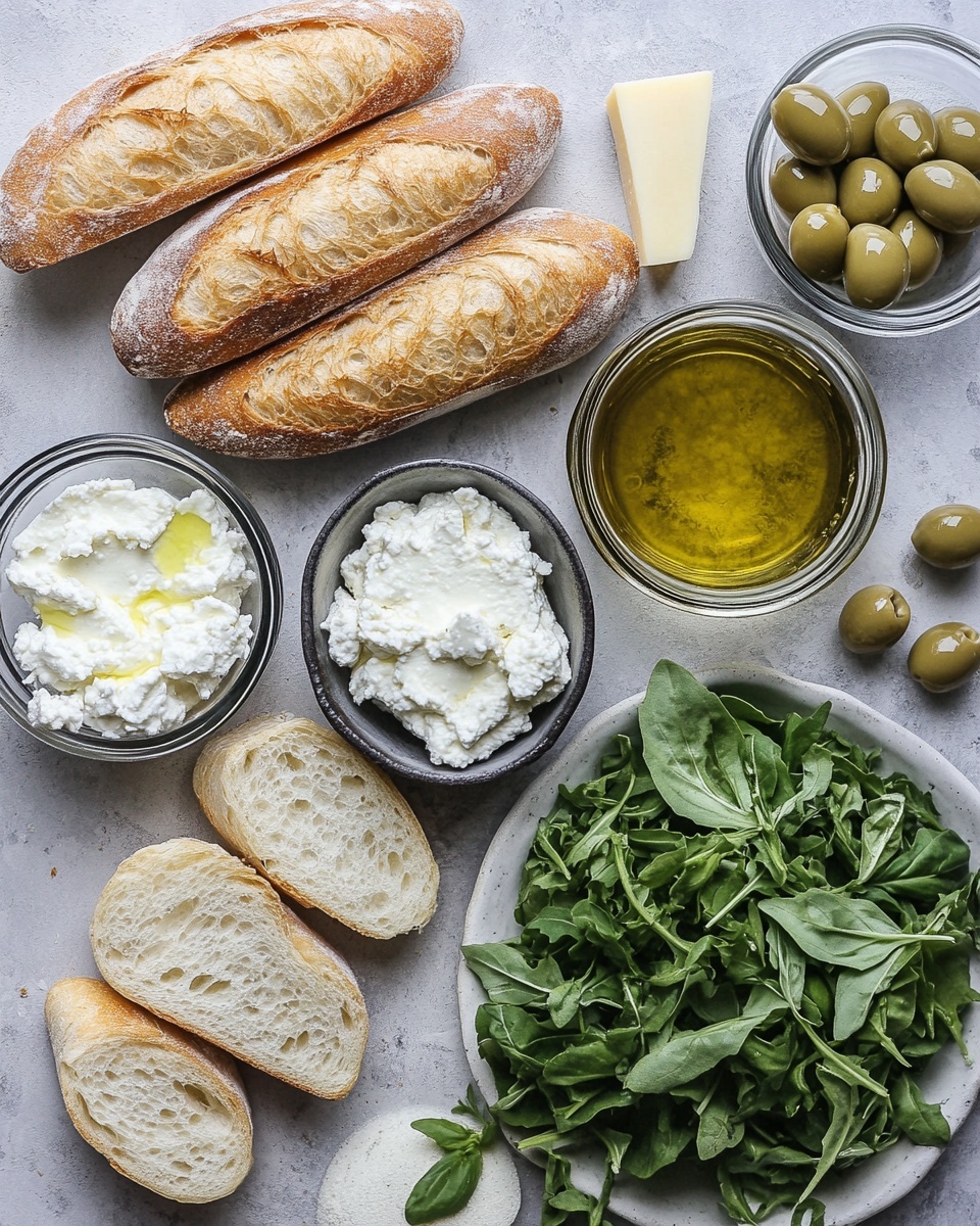 The image shows four small pieces of toasted bread arranged on a dark slate surface, each topped with a visible layer of white soft cheese, followed by a layer of chopped green olives mixed with small bits of red and white, and finished with a sprinkle of chopped fresh green herbs on top. The bread slices have a light brown crust and a soft, slightly rough texture. Small herb leaves are scattered around the slate surface. The background is slightly blurry with bottles visible in the distance. photo taken with an iphone --ar 4:5 --v 7