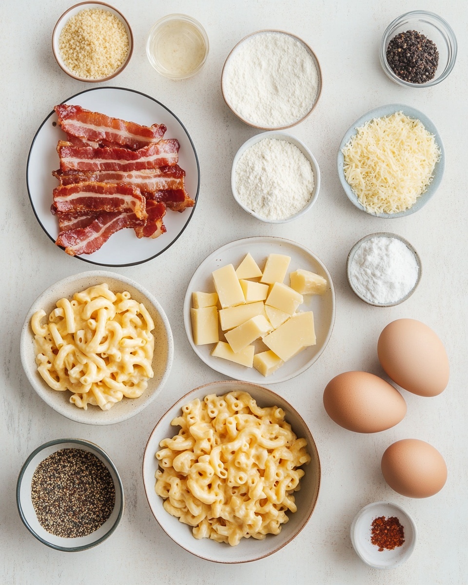 This image shows several crispy golden brown square pieces of fried food placed on a silver textured surface with a starburst pattern. Each piece has a crunchy outer layer with small green herb specks and some white salt flakes on top. The middle piece is broken in half to reveal the inside, which has creamy, pale yellow macaroni pasta mixed with melted cheese that stretches slightly between the two halves. The texture of the inside looks soft and cheesy, while the outside is rough and crunchy photo taken with an iphone --ar 4:5 --v 7