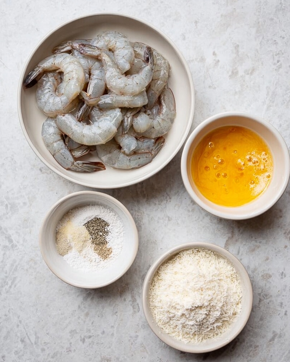The image shows four small white bowls placed on a white marbled surface. The largest bowl on the left is filled with raw, peeled shrimp arranged in a loose pile, their grayish-white color with hints of pink and translucent shells visible. To the right, the top bowl contains a beaten egg mixture with an orange-yellow color and slightly frothy texture. Below this, a bowl with flour and black pepper is displayed, showing white powder mixed with small black pepper flakes. The bottom right bowl has white flaky breadcrumbs, fluffy and fine in texture. The arrangement is tidy and evenly spaced. Photo taken with an iphone --ar 4:5 --v 7