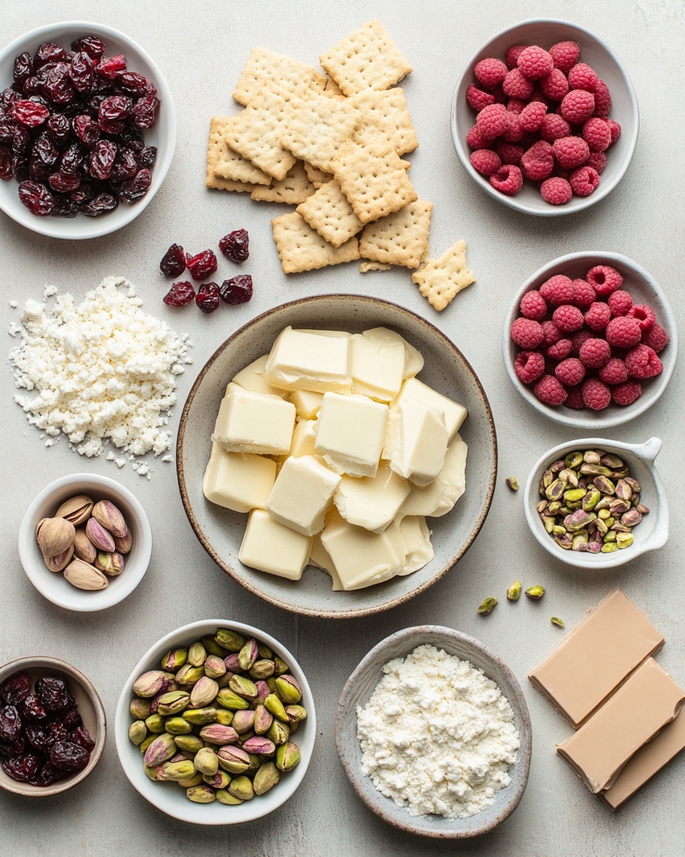 Cranberry and Pistachio Slice with White Chocolate and Raspberries Recipe - Recipe Image