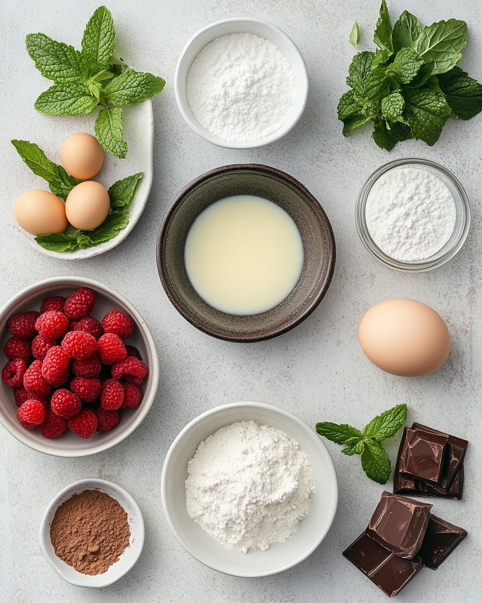 The image shows a three-layer cake on a white plate, placed on a white marbled surface. The bottom layer is a dark brown chocolate base, firm and thick. The middle layer is a thick, creamy vanilla or white mousse, smooth and even. The top layer is covered with a light dusting of powdered sugar. Fresh red strawberries, some sliced and some whole, are placed on top along with whole raspberries. Bright green mint leaves are scattered among the berries, adding color and freshness. There is a soft focus on festive red and green decoration in the background. Photo taken with an iphone --ar 4:5 --v 7