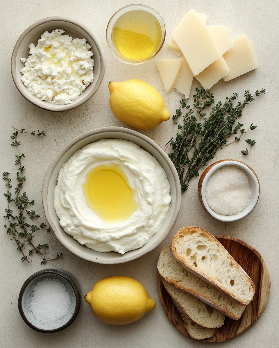 A bowl holds a thick, creamy white dip spread smoothly in one layer with soft swirls on its surface. Drizzled golden olive oil rests on top in thin streams that catch the light. Tiny green herb sprigs and small pink flower petals are scattered evenly, adding color contrast and a fresh look. A grilled piece of bread with dark grill marks is dipped halfway into the dip, held by a woman's hand. The bowl is placed on a white marbled surface, and parts of a glass and a jar are visible nearby. photo taken with an iphone --ar 4:5 --v 7