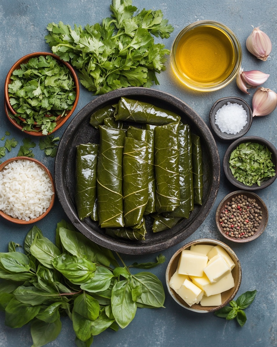 A white plate with a blue pattern holds a neat stack of dark green, shiny stuffed grape leaves arranged in two layers, with the top layer slightly offset. Three thin lemon slices lay evenly on top of the grape leaves. Small sprigs of fresh green parsley are scattered on the plate around the grape leaves. At the bottom right of the plate, two slices of red tomato rest beside a small white bowl with a blue rim filled with thick white yogurt sauce that has small green herb pieces. The plate is set on a white marbled surface. photo taken with an iphone --ar 4:5 --v 7