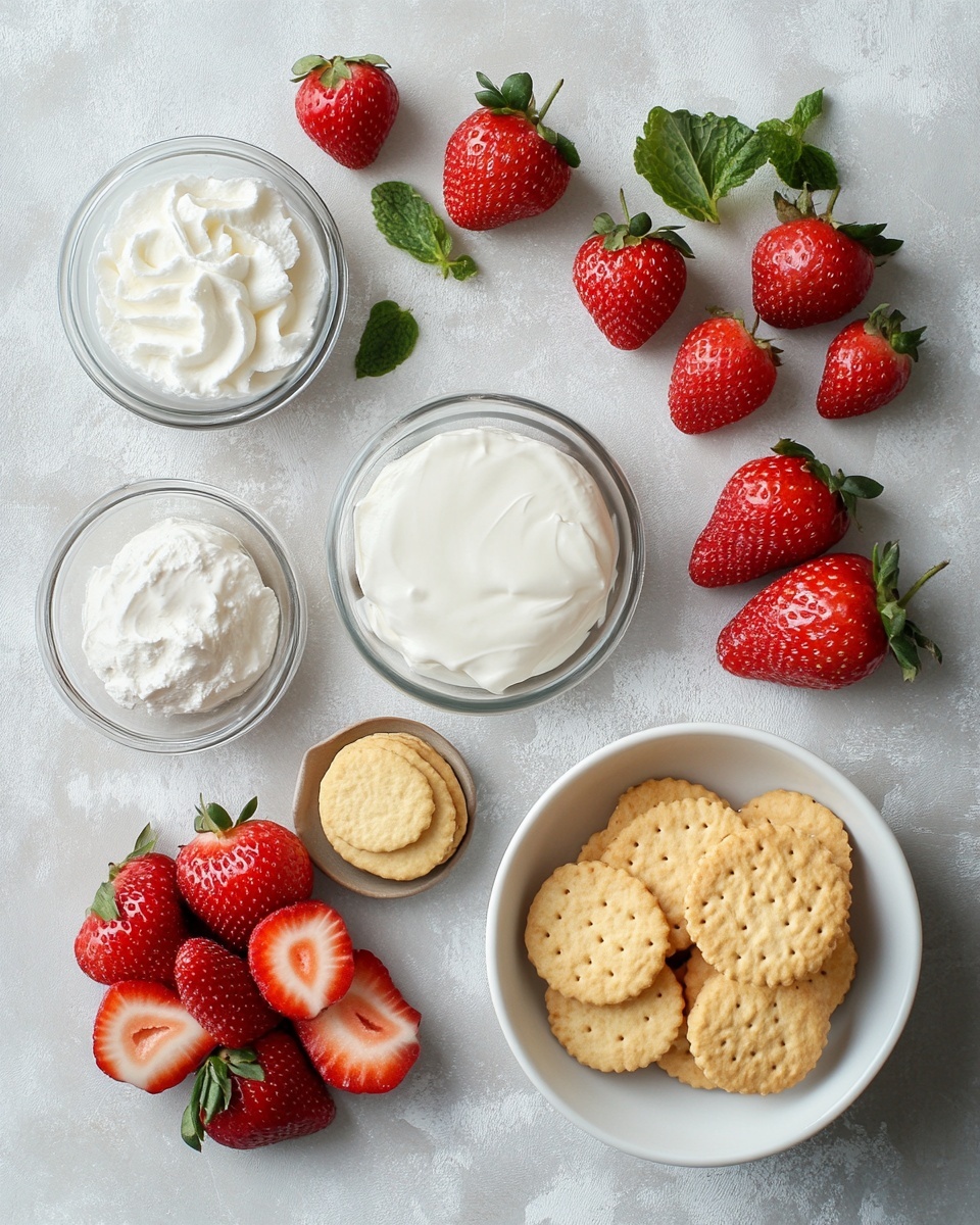 A round pink cake with a smooth light pink frosting layer on top is placed on a white plate with a blue floral edge. There are eight white swirled whipped cream dollops evenly spaced around the edge of the cake. Half of a bright red strawberry with green leaves sits on top of every other whipped cream dollop. The background is a white marbled texture, with a floral embroidered white cloth partially visible to the right, a silver cake server with detailed patterns beside the cake, and a white scalloped plate with two silver forks on the left side of the image. photo taken with an iphone --ar 4:5 --v 7