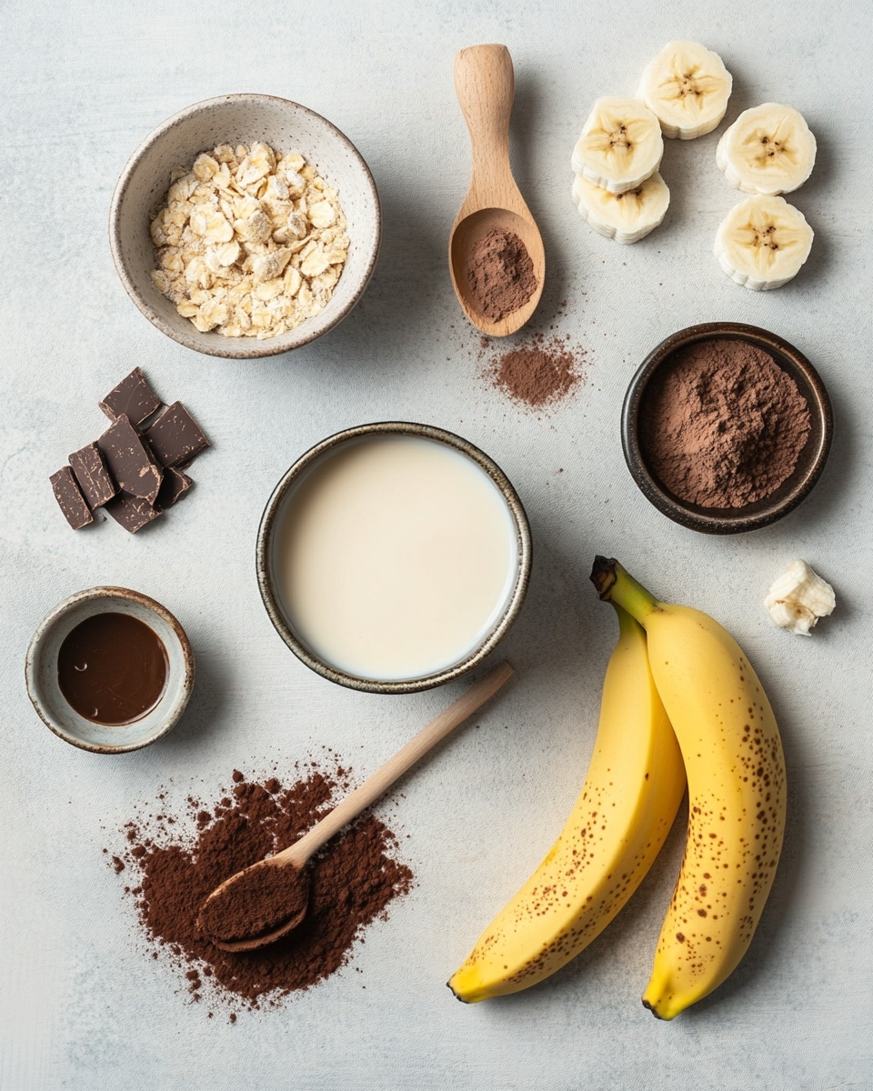 A clear glass is filled with a smooth, light brown chocolate smoothie. The top layer has small dark brown chocolate shavings scattered across the surface. A yellow and white striped paper straw is placed inside the glass, leaning slightly to the left. The glass sits on a white marbled surface with a blurred wooden background behind it. photo taken with an iphone --ar 4:5 --v 7