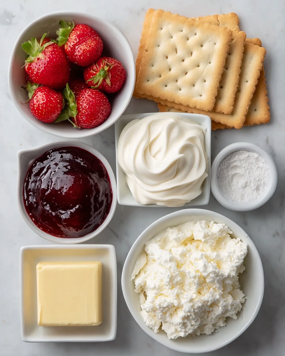 The image shows a top view of several small white bowls and three square crackers arranged neatly on a white marbled surface. The bowls contain different ingredients: one bowl has bright red strawberries with green leaves, another has smooth, swirled white cream, a third bowl holds thick dark red jam, a fourth is filled with fine white powder, a fifth contains soft, white ricotta cheese with a crumbly texture, and a small square bowl has a piece of pale yellow butter. The three light brown crackers with small holes and scalloped edges are placed above the bowls. The colors and textures of the ingredients are clear and distinct. Photo taken with an iphone --ar 4:5 --v 7
