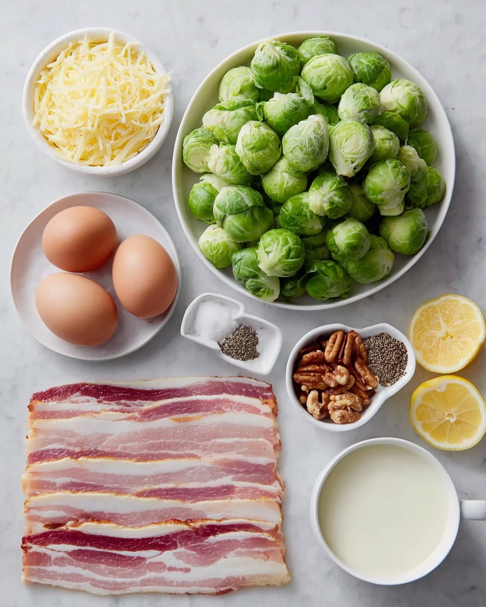 The image shows fresh cooking ingredients arranged neatly on a white marbled surface. In a large white bowl, vibrant green Brussels sprouts sit piled closely together, their leafy texture visible. Next to it, six slices of raw bacon with alternating pinkish-red and white fat layers lie flat on the surface, showing their stripes clearly. Around the bacon are various small white bowls: one contains shredded pale yellow cheese, another has four brown eggs, and a third holds mixed nuts with a deep brown color. There are two white shallow dishes holding ground black pepper and a mix of salt and pepper. There are two bright yellow lemon slices on the side and a white cup full of creamy white sauce nearby. The layout is clean and well-organized, with each ingredient distinct and fresh-looking. Photo taken with an iphone --ar 4:5 --v 7